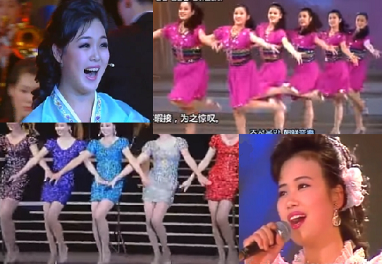 유튜브에 게시된 북한 공연 모습. (왼쪽 위부터 시계방향으로 리설주, 왕재산악단, 현송월, 모란봉악단)