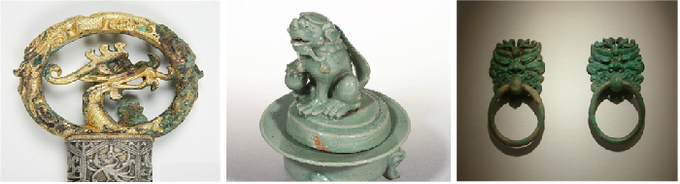 왼쪽부터 애자(睚眦), 산예(狻猊), 초도(椒圖)