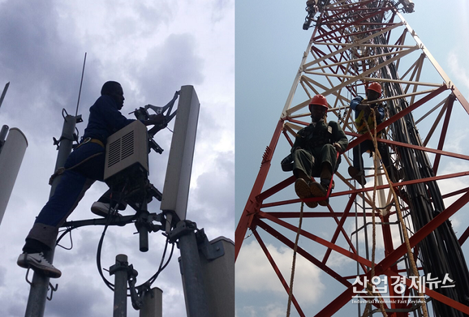 KTRN 직원들이 르완다에서 LTE 전국망 구축을 위한 작업을 하고 있다.