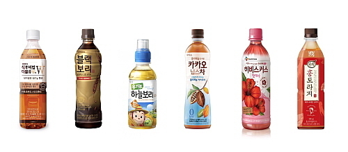 사진설명: (왼쪽부터) ‘태양의 식후비법 W차’, ‘블랙보리’, ’유기농 하늘보리’, ‘후디스 카카오닙스차’, ‘히비스커스 헛개수’, ‘홍도라지차’