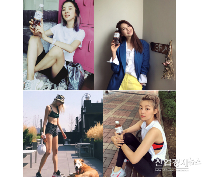 코카콜라 신제품 'W차'를 들고 사진을 찍은 톱모델들. (상단왼쪽부터 시계방향) 아이린, 김진경, 송해나, 수주