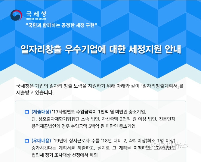 국세청이 일자리창출 우수기업에 세정지원을 실시한다.