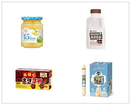 <(좌상단 시계방향)‘45도 과일잼 사과버터’, ‘연세 마카다미아 초코우유’, ‘키스틱 크림치즈롤’, ‘ABC초코쿠키’ 이미지 컷>