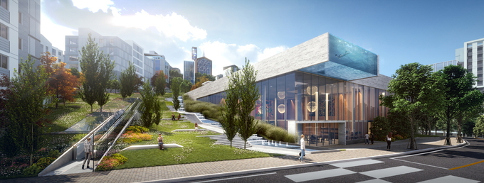 리조트형 통합 커뮤니티를 표방하며 스카이풀 개념을 도입한 차세대 자이안센터의 조감도