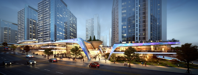 예술적 조형물로 입구를 만든 한남자이 더 헤리티지 상가의 메인 조감도