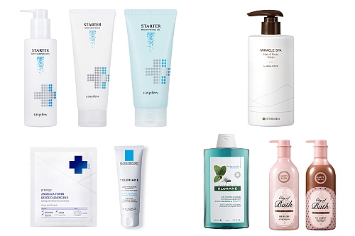 (좌측 상단부터 시계방향) ‘이지듀 스타터 3종’, ‘에스테메드 미라클 스파 헤어 앤 바디 워시’, ‘해피바스 시티오브 바스’, ‘클로란 아쿠아민트 두피 딥 클렌징 샴푸’, ‘라로슈포제 똘러리앙 퓨리파잉 포밍 크림’, ‘프리엔제 안젤리카 토너 퀵 카밍 패드’