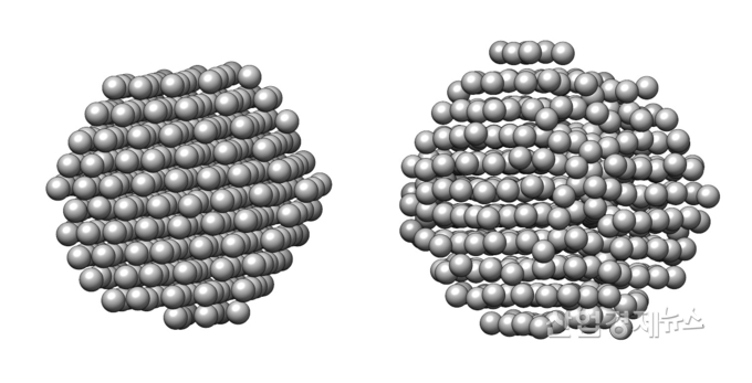 '3차원 증명 사진'으로 확인한 나노 입자의 구조적 차이. 원자가 잘 정렬된 왼쪽 나노 입자와 달리, 오른쪽 나노 입자는 내부에 결함이 있는 것을 확인 할 수 있다. 사진=삼성전자