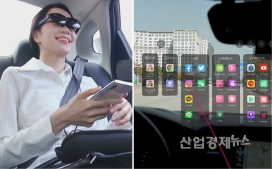 LGU+의 'U+리얼글래스' 시현 모습(왼쪽)과 착용시 화면. 사진=LGU+