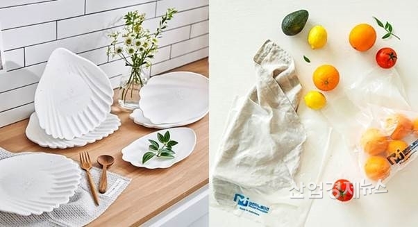 ‘마린이노베이션’의 친환경 패키징 제품 브랜드 ‘자누담’ 해초 종이접시(좌)와 생분해 롤백(우). 사진=SK이노베이션