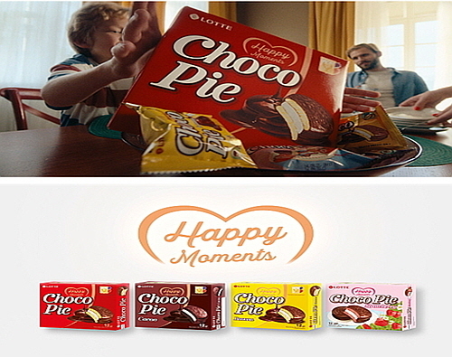 러시아 판매 초코파이 4종(아래) 및 새 TVCF(위) 캡쳐 컷...,사진=롯데제과 제공>