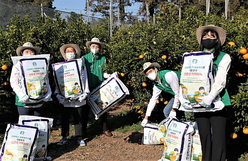 지난해 11월 제주도 한라봉 과수 농가에 친환경 커피찌꺼기 퇴비 11,650포대(233톤) 기부 모습...스타벅스 제공