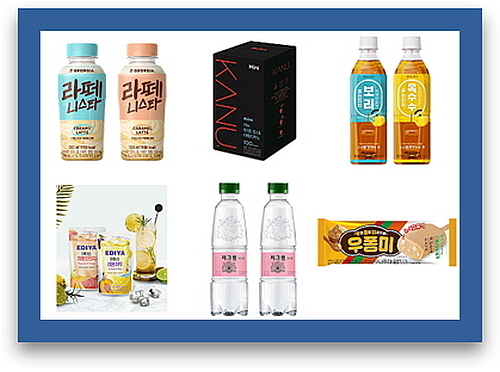 (좌상단 시계방향): 코카-콜라사 ‘조지아 라떼니스타’, 동서식품 ‘맥심 카누 라이트 로스트 아메리카노’, 코카-콜라사 ‘태양의 원차 주전자차’, 세븐일레븐 ‘우퐁미(우유퐁당미숫가루)’, 코카-콜라사 ‘씨그램 피치’, 이디야커피 ’이디야 아이스‘ 2종...<사진=각사 제공>