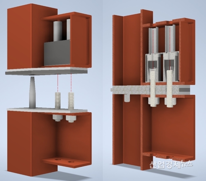 GS건설이 개발한 스틸모듈러 구조접합 기술인 ‘원터치 결합 방식의 퀵커넥터’ 상세 및 단면. 자료=GS건설