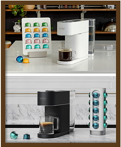 카누 바리스타 어반 스노우화이트 제품(상) 및 카누 바리스타 어반 오로라블랙 제품(하) 및 각 캡슐커피 연출 컷...<사진=동서식품 제공>