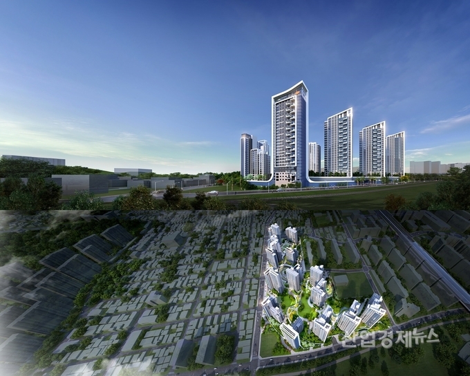 광주 동서작구역 재개발 정비사업 투시도(위쪽) 및 조감도(아래쪽). 이미지=DL건설