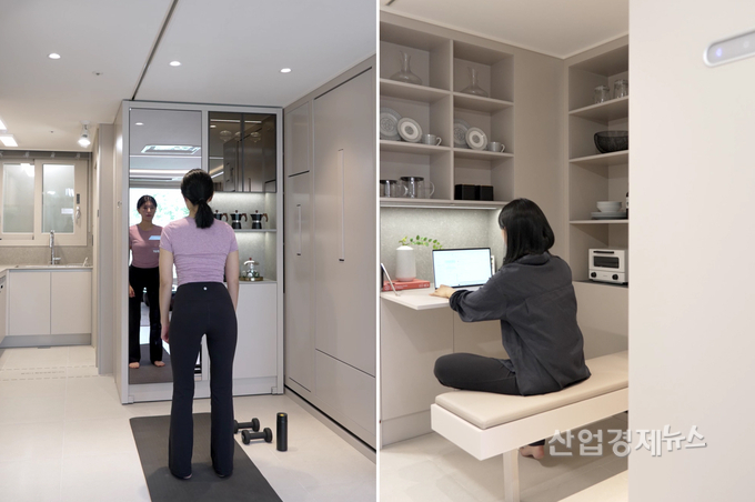 무빙 수납장을 주방 쪽으로 이동시키면 홈짐으로, 거실 쪽으로 이동시키면 홈오피스로 공간을 활용할 수 있다. 사진=현대건설