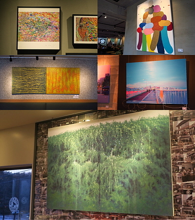 (좌측 위에서부터 반시계방향으로) 이훈석 '확증편향', 강지수 '강박, 홀씨 되어 : Compulsion, A way to Become Dandelion Seeds’, 정연주 ‘Sense of the forest', 이예린 ‘환상도시’, 김연희 'Live in Peace’...출처: 탐앤탐스