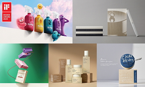 수상작 연출 컷(맨 왼쪽 상단부터 시계방향으로 '프라몬', '더후 브랜드북', '오휘 얼티밋 핏 진쿠션 X 호텔827', '더테라피 비건', '유시몰 클래식 치실)...<사진=LG생활건강 제공>