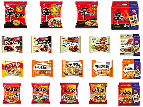 주력 라면 4종 과거 패키지 연출 컷...<사진=농심 제공>