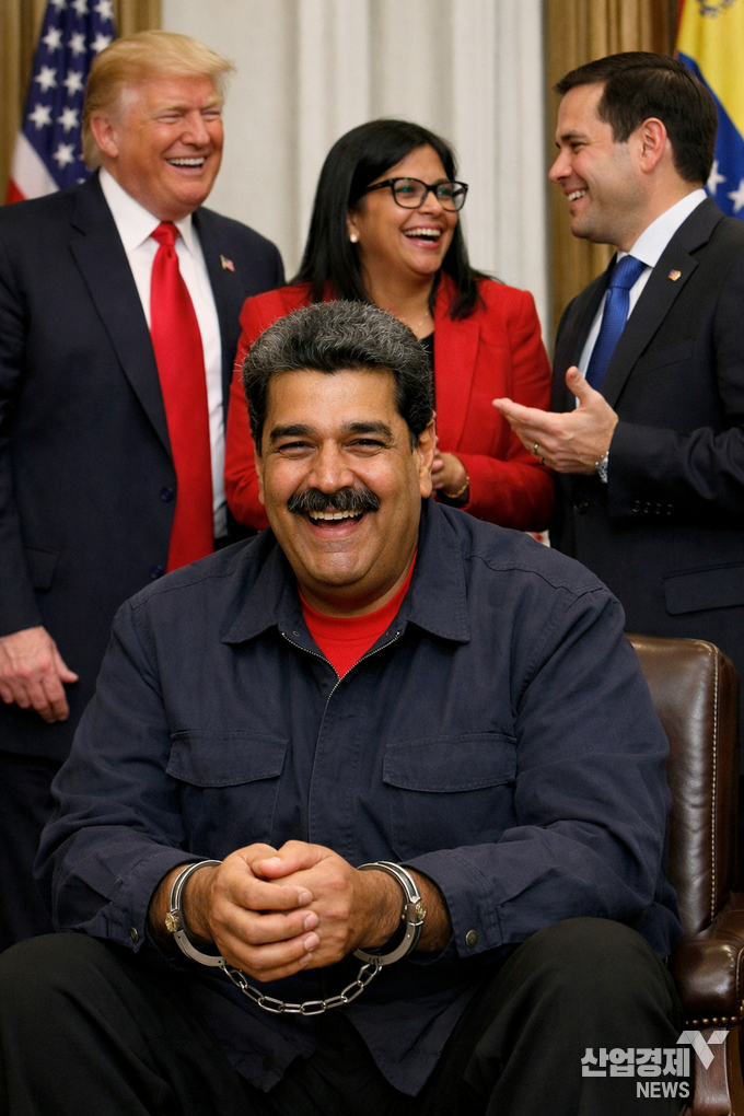 트럼프 미국 대통령과 델시 로드리게스 베네수엘라 부통령, 루비오 미 국무장관은 물론이고 수갑을 찬 마두로 베네수엘라 대통령도 활짝 웃고 있다 / 이지미=ChatGPT 생성