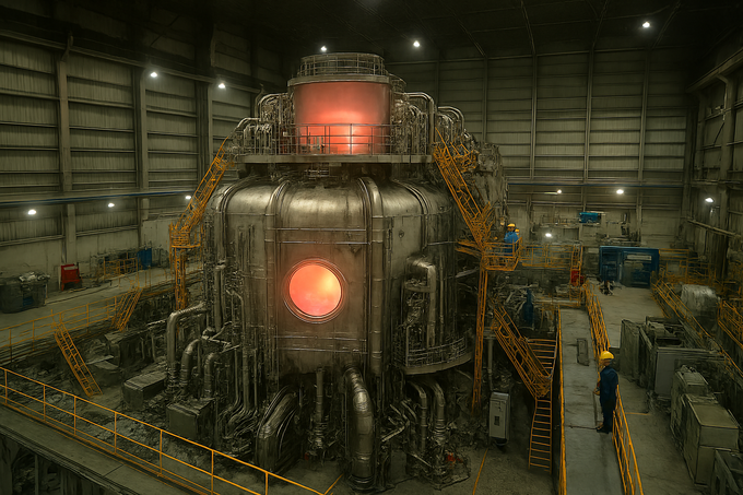 실험용 토카막 핵융합로 내부 모습. 도넛 모양 챔버에 자기장으로 가둔 플라즈마가 빛나며, 주변에는 초전도 자석과 금속 구조물이 복잡하게 얽혀 있다. 사진은 AI 생성 이미지