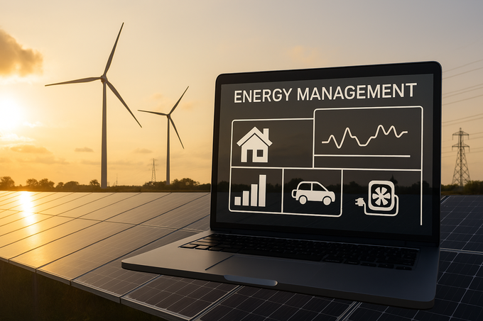 태양광·풍력·전기차 충전소가 EMS로 연결돼 재생에너지 흐름을 최적화하는 모습. 사진은 AI 생성 이미지